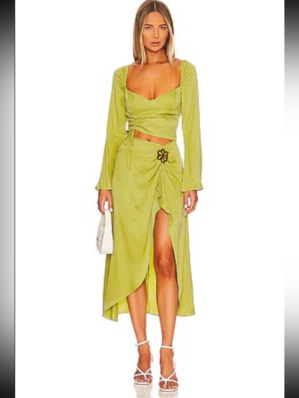 For Love & Lemons Lime Green Ruched Wrap Midi Skirt - Women